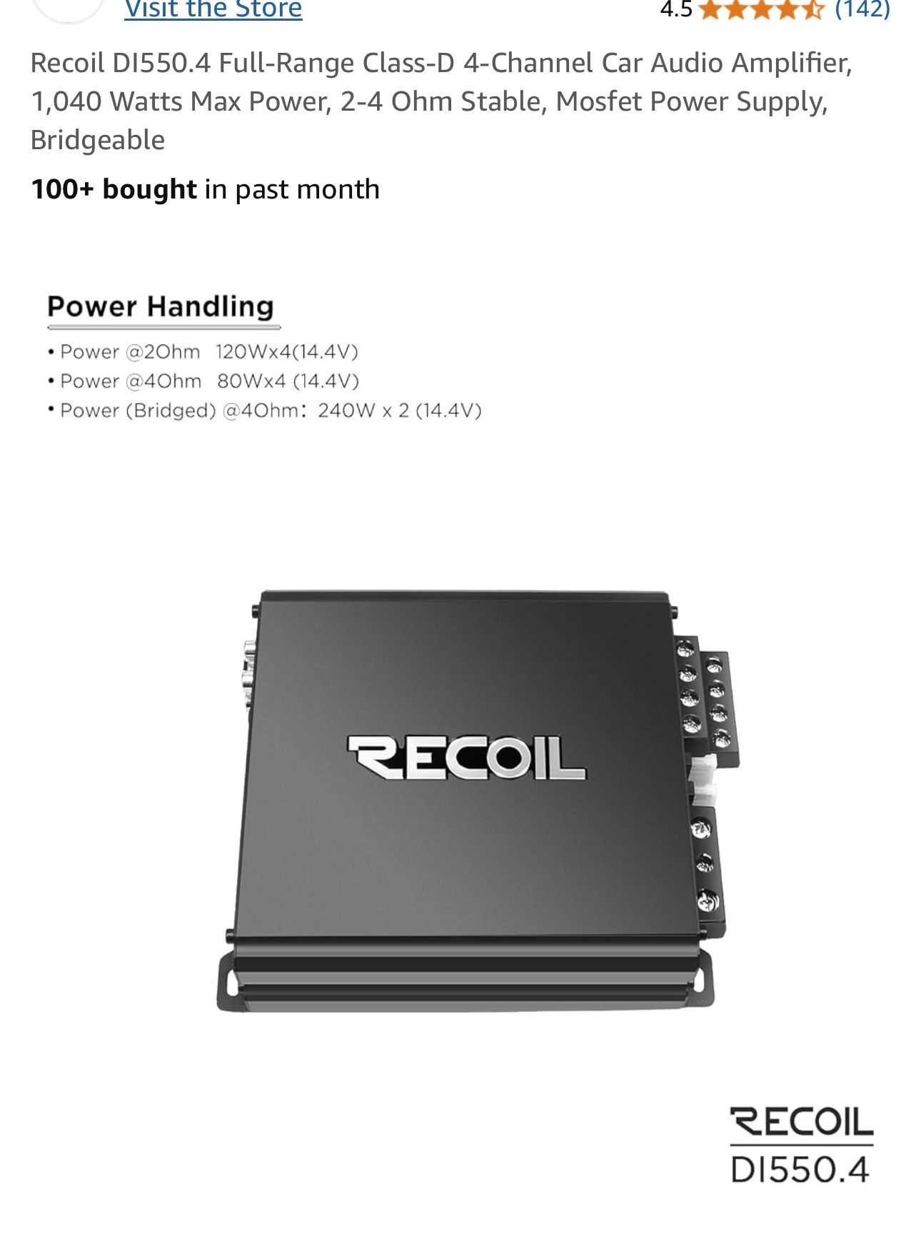 *New In Box* Recoil 4 Channel (550 Watt) Car Amplifier With Bass Knob And Wiring Kit