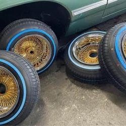 Wire Wheels 13x7 100 Spokes Center Gold with White wall tires on Chevy Impala💰223 New wheels tires