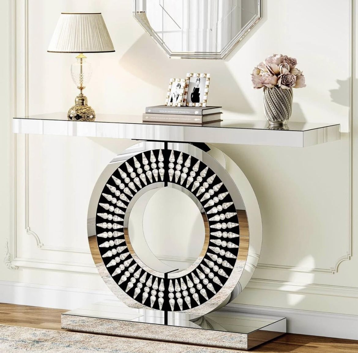 New assembled Modern Mirrored Console Table, Glass Sofa Table with Sparkling Crystal Inlays Base, 43