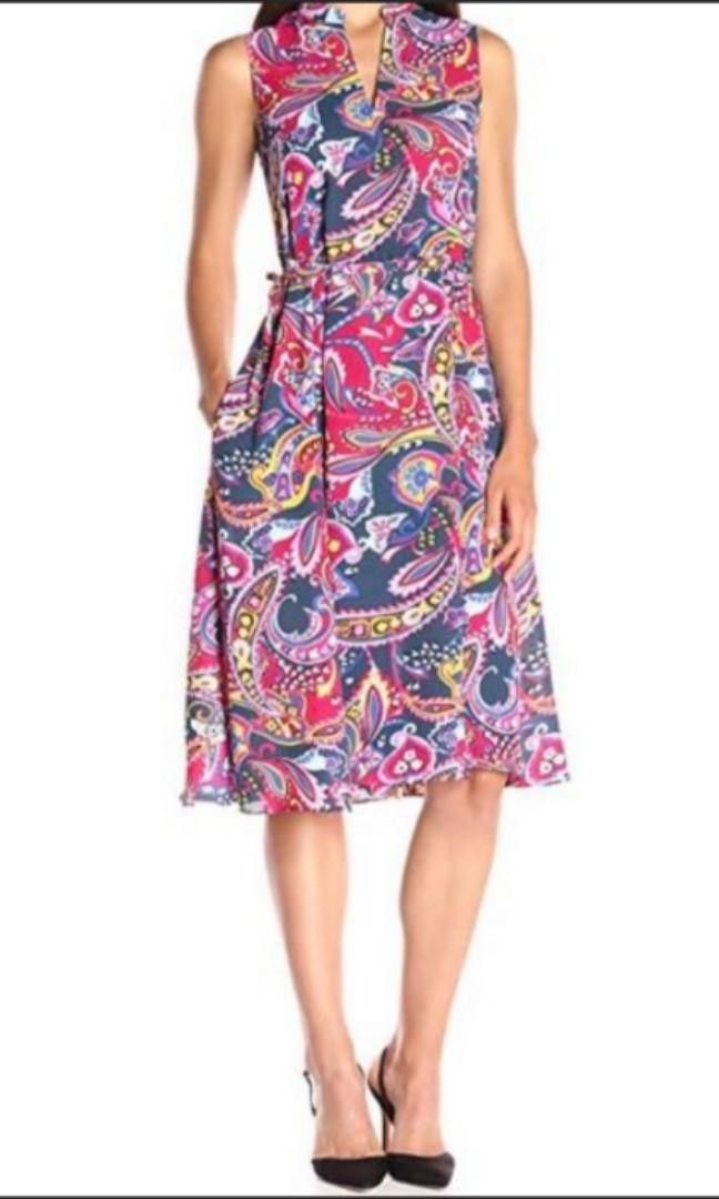 Anne Klein Midi A-Line Dress Paisley Print Sleeveless Pullover Pockets Size 16
