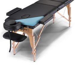 Portable Massage Table Massage Bed, Wooden Frame Height Adjustment & Accessories, Black (3-Section)