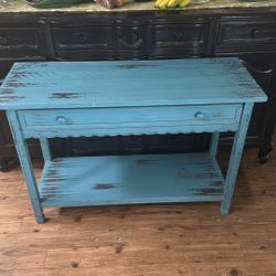 Lovely Distressed Blue Table With Drawer