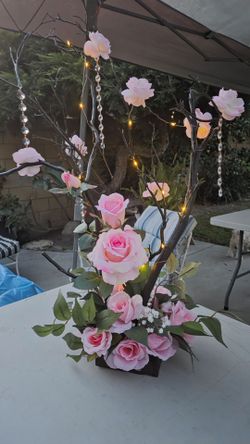 Manzanita trees with pink flowers and fairy lights