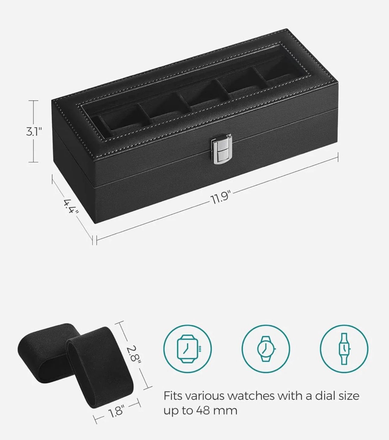 SONGMICS Watch Box 6-Slot Watch Case with Large Glass Lid Removable Pillows - Black