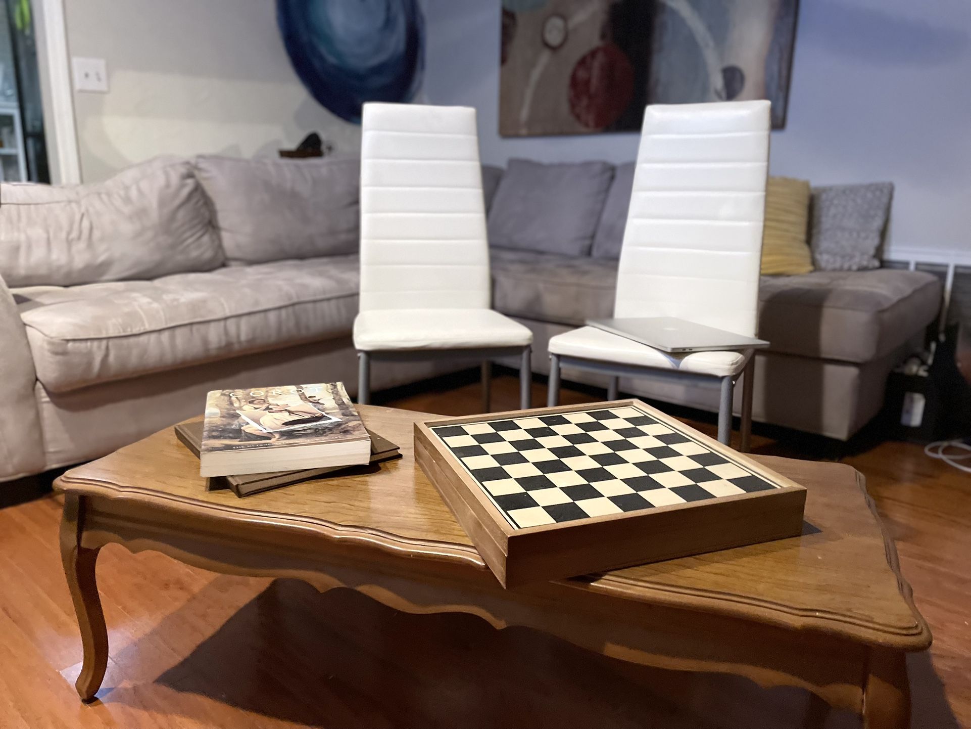 Sophisticated Modern White Dining Chairs + Mid-Century Coffee Table Set