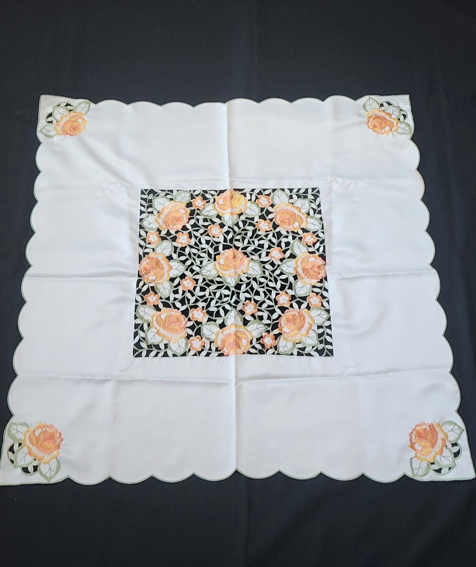 33" Square Polyester Embroidery Rose Cutwork Tablecloth