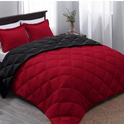 King Size Comforter Set - Red and Black, Reversible for All Seasons, 1 Comforter (104"x92") and 2 Pillow Shams (20"x36"+2")