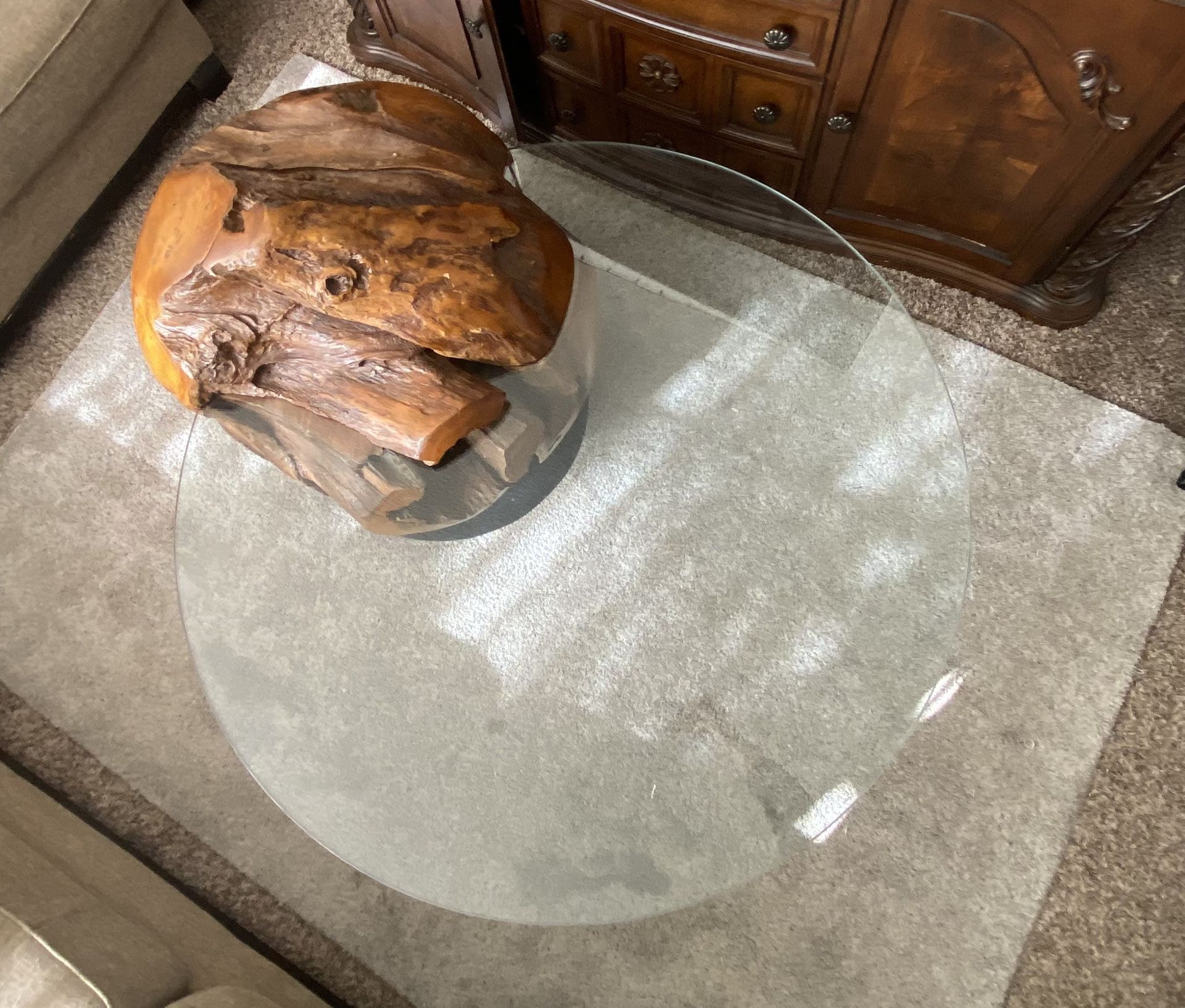 Antique Teak Root Coffee Table With Glass Top