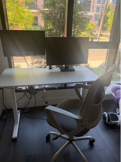 Complete Home Office Setup - Electric Standing Desk + Dual Monitor Arm + Chair