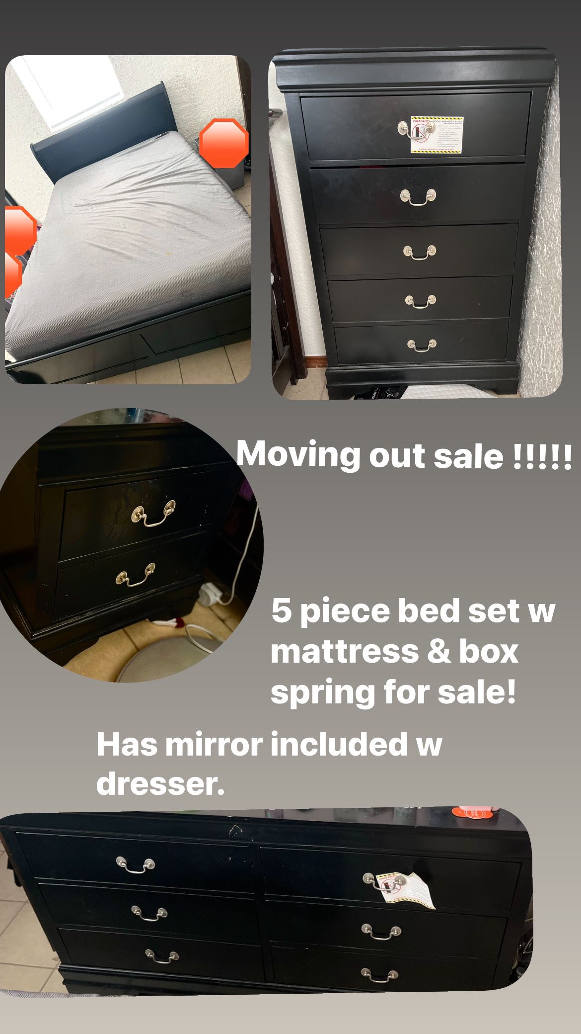 4 Piece Bedroom Set $300 W Mirror Mattress And Box Spring Included