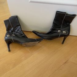 Lerre Vintage Italian Black Leather Pointed Heeled Ankle Boots Sz 38.5 Rare 