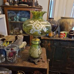 MCM Lime Green Lamp with floral patterns on bottom and upper pieces.