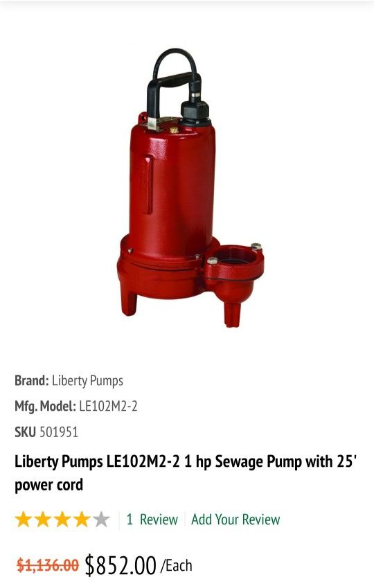 Liberty 1hp 230v Sewage Pump