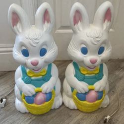 Set Of 2 Vintage General Foam Plastics Easter Bunny W Overalls Blow Mold No Bulb