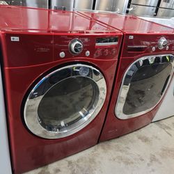 Red LG Front Loading Washer And Stackable Gas Dryer Set 