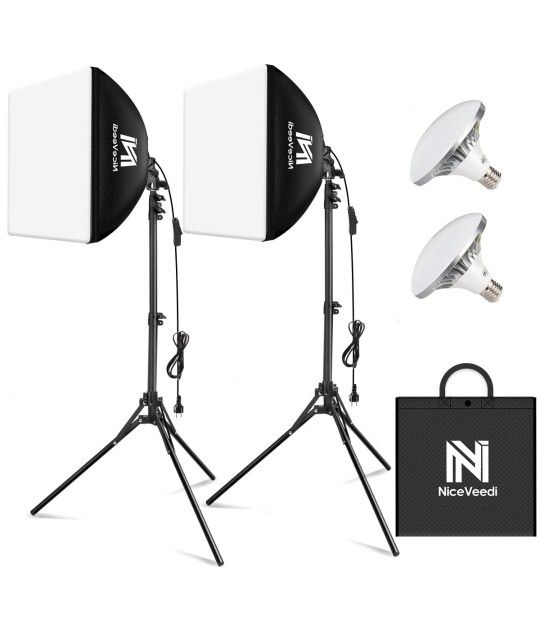 Softbox Lighting Kit, NiceVeedi 2-Pack 16'' x 16'' Softbox Photography Lighting Kit with 63” Tripod Stand & 5400K 450W Equivalent LED Bulb, Continuous