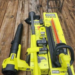 Ryobi 18V hedge trimmer, weed wacker, blower, batteries, charger combo