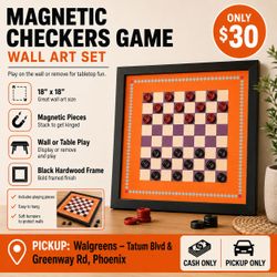 Magnetic Checkers Game Set & Wall Art – Black Frame, Orange Retro Style