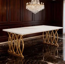 Luxury Faux Granite Dining Table with Geometric Gold Pedestal Base