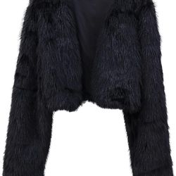 Cropped Faux Fur Cardigan for Women Open Front Fleece Shaggy Winter Jacket (Large) (Black
