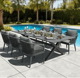 7 Pieces Outdoor Patio Dining Set, Aluminium Rectangular Dining Table and Wicker Rattan Chairs Set for Outside Backyard, Poolside