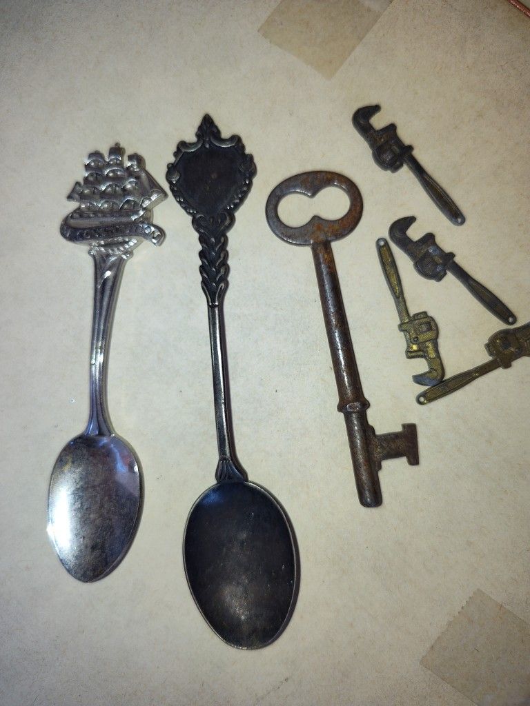 Souvenir Spoons, Skeleton Key And Miniature Wrenches