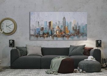 Enartly Abstract Cityscape Canvas Wall Art New York City Painting Modern Skyline Colorful NYC Grey Blue Picture, Large Size Framed for Bedroom Living 