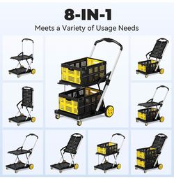 New -8-in-1 Collapsible Shopping Cart, 200LBS Portable Multi Functional Rolling Crate with 2 Storage Cart,Adjustable Handle Folding Grocery Cart on Wh