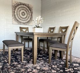 Grey Dining table 4 chairs & bench