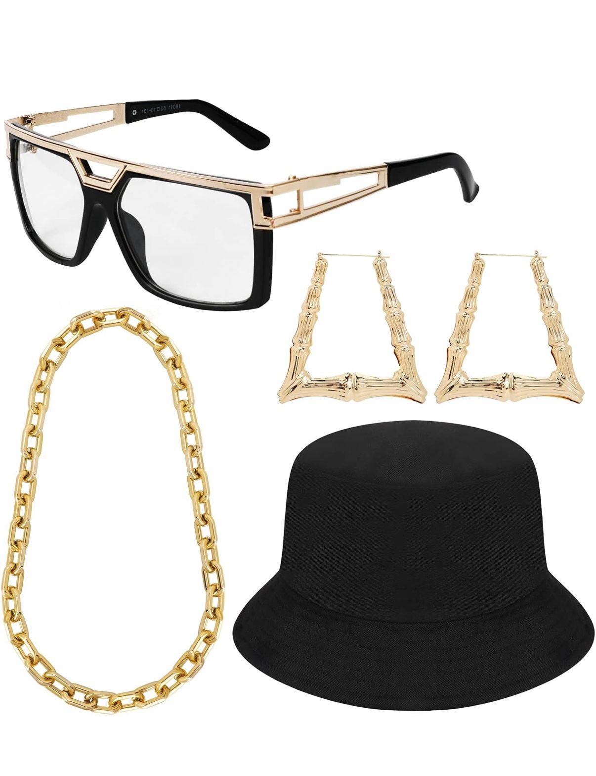 PHOGARY 80s / 90s Hip Hop Costume Kit, Rapper DJ Costume Accessosies Hip Hop Jewelry Set with Punk Gold Chain Bucket Hat Vintage Glasses Bamboo Hoop E