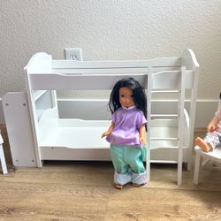 Dolls And Wooden Doll Bed 