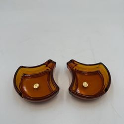 Set of 2 Vintage Amber Glass Ashtrays Trinket Dish Mid Century Modern Gold Medallion