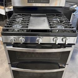 NEW PROPANE GE DOUBLE Oven 5-Burner Range  w/AIR-FRY + Power boil burner+STEAM CLEAN Oven 