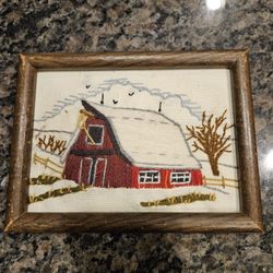 Vintage Framed Embroidery Red Barn