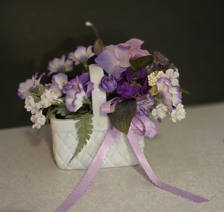 White Porcelain Basket With Silk Flowers
