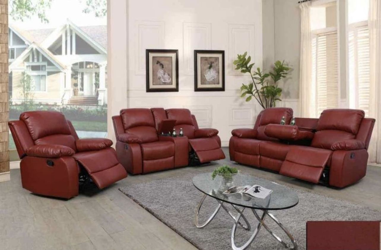 Burgundy Red Leather Fully Reclining Couch Set