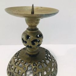 Vintage Brass Filigree Pillar Candle Holder Mid Century With Patina 5.5”