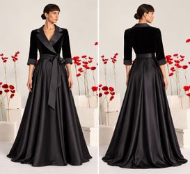 Xscape Velvet & Satin Shirt Ballgown Satin Tuxedo Maxi Modest Long Sleeve sz 16
