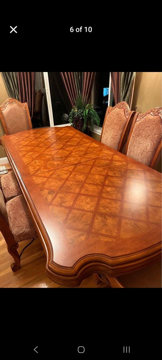 AICO by Michael Amini (model type) Dining table with China Cabinet & 6 Windsor Court dining armchairs