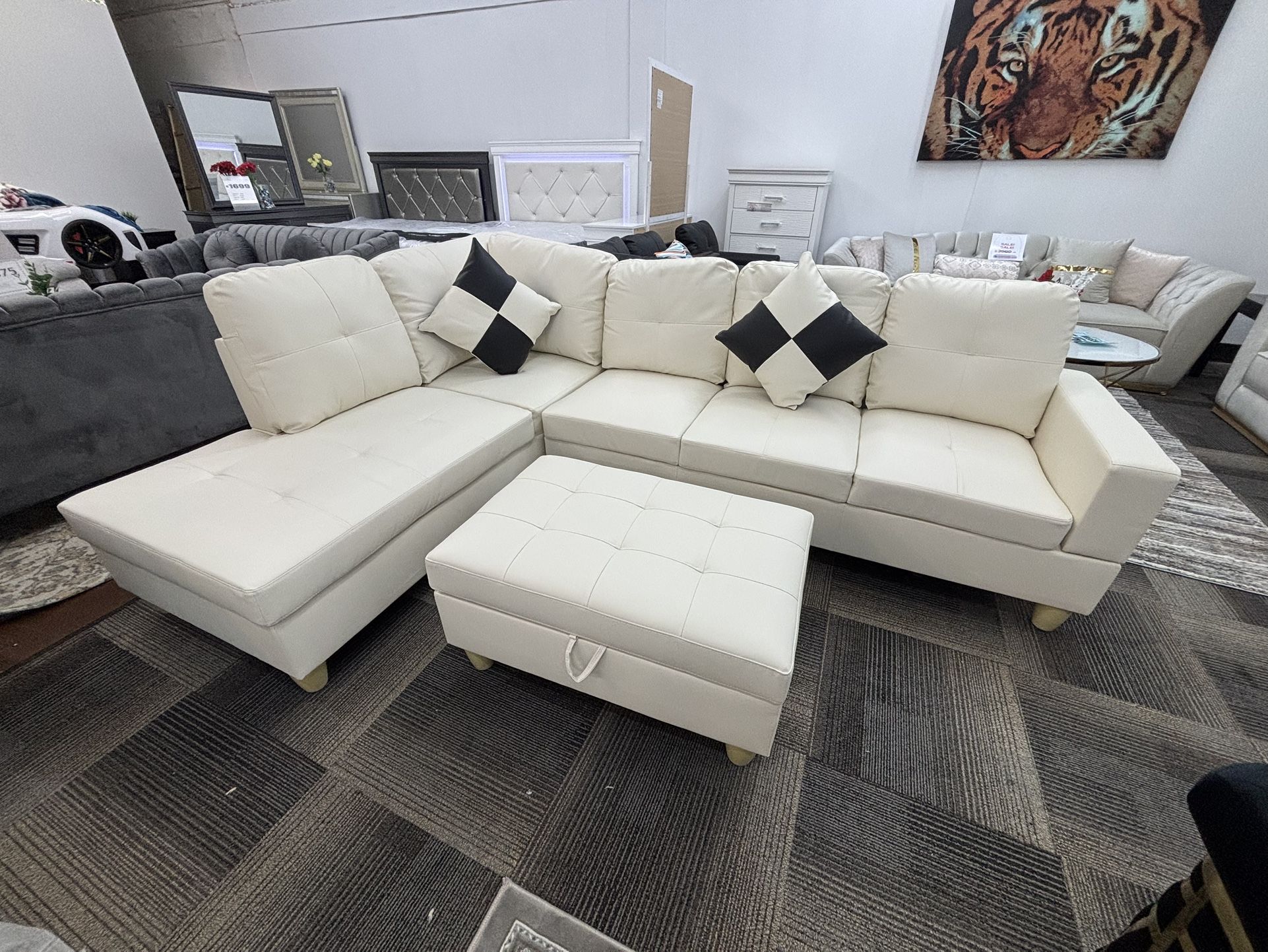 SALE LARGE SECTIONAL – White Faux Leather 3-Piece Sofa Set