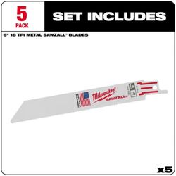Milwaukee Thin Kerf Metal-Cutting Sawzall Blades, 5-Pk., 6in. Length, 18 TPI,