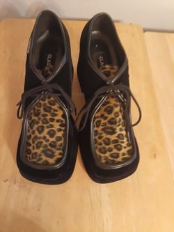 Vintage "Classified" black velvet and faux cheetah print with chunky squared toe platform shoes with tie up laces.