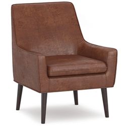 Simpli Home Robson Accent Chair (Distressed Saddle Brown Faux Leather) – New