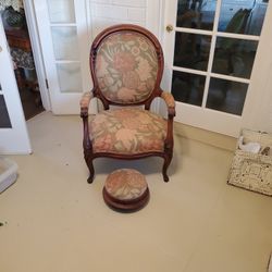 Older Solid Wood Upholstered Chair And Gout Stool