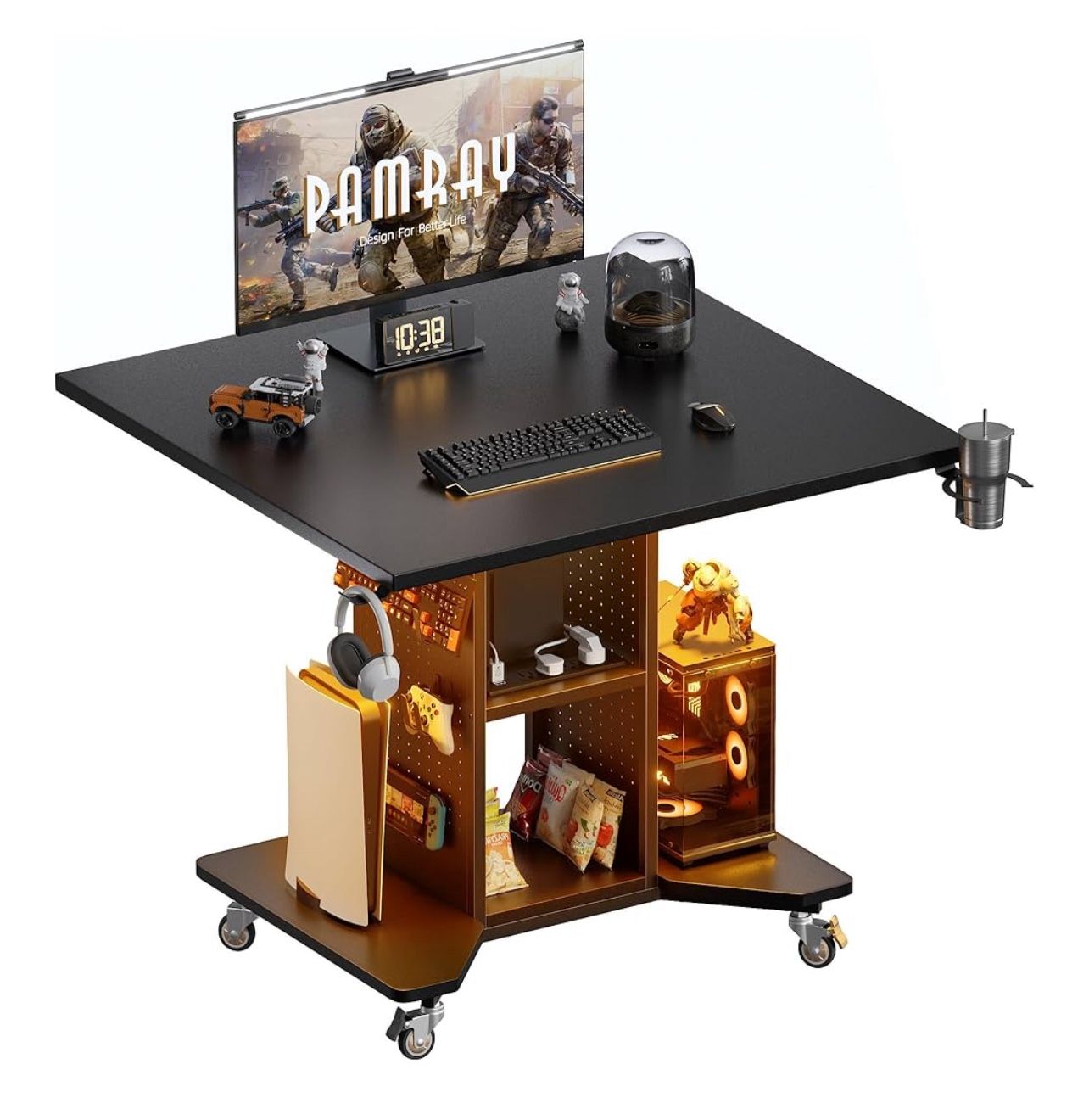 Rolling Game Desk With Led Lights & Power Outlet 