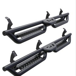 Running Boards Compatible With 2007-2021 Toyota Tundra Crewmax Cab 4 Full Size Doors, 6" 2-Stairs Side Step Rails Coated Black Carbon Steel Nerf Bars