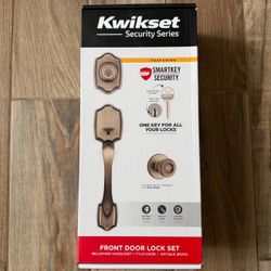 Brand New Kwikset Belleview Front Door Lockset with SmartKey - Antique Brass