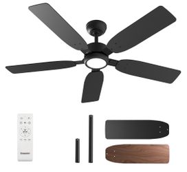 Ensenior 52 Inch Downrod Mount Ceiling Fans with Lights and Remote, 5-Blade Quiet Reversible Motor, Below 30 dB, Black/wood Dual-finish Blades, 6 Spee