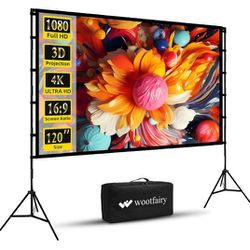 Projector Screen and Stand, Wootfairy 120 inch Foldable and Portable Projection Screen 16:9 4K HD Rear Front Wrinkle-Free Movie Screen with Carry Bag 