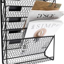 Wall File Holder Hanging Mail Organizer Metal Chicken Wire Wall Mount Magazine Rack for Home and Office (Black)